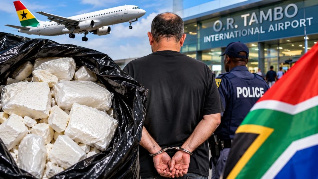 South African police arrest traveller from Accra after suspected heroin seizure at OR Tambo Airport.