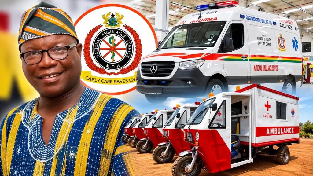 Ghana National Ambulance Service official and emergency ambulances