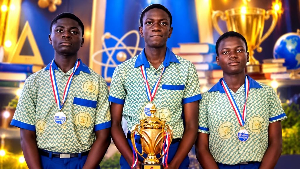 Obuasi SDA JHS students pose with trophy after winning Aseda FM Science and Maths Quiz 2026